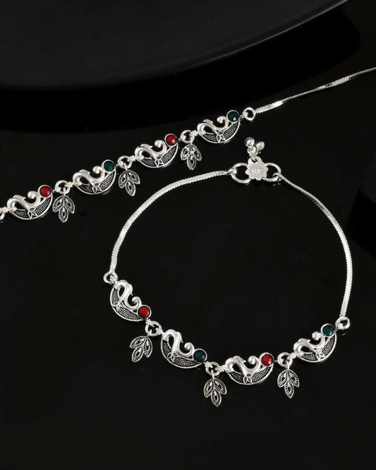 VOJ Set of 2 Silver Plated Meenakari Multi Color Anklet - Swadesiicart