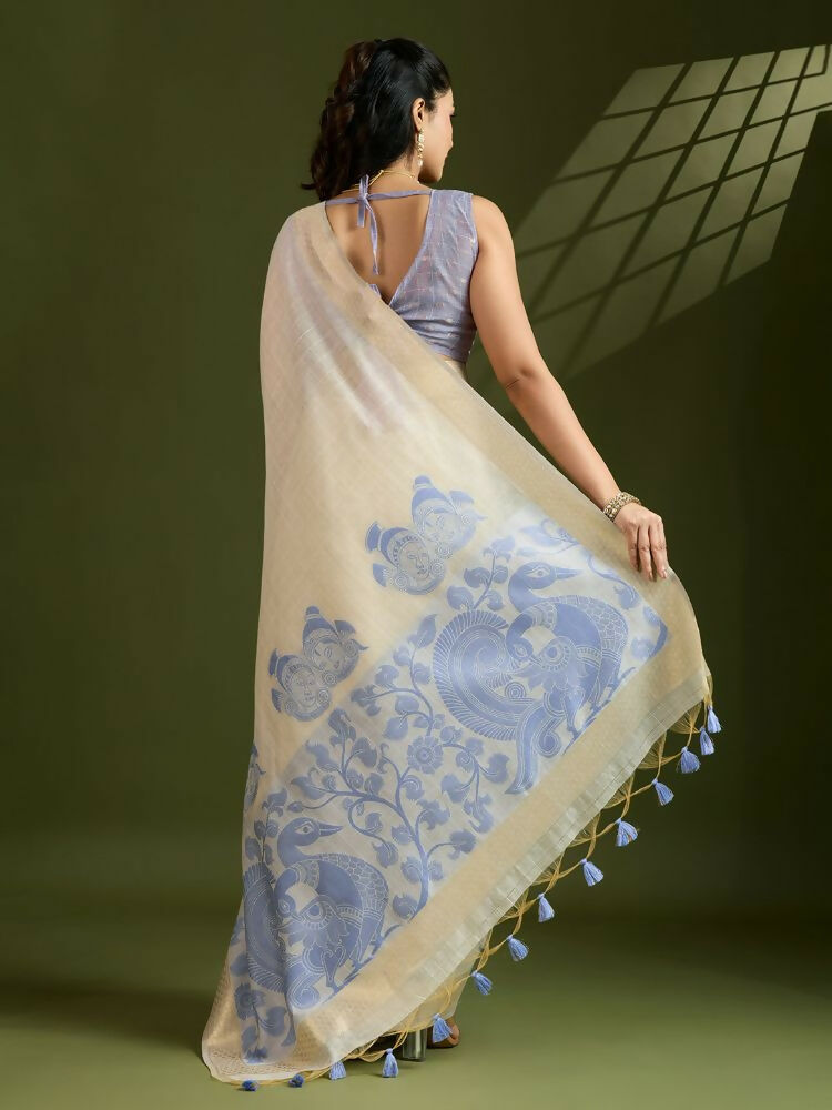 Vishnu Weaves Women's Blue Muga Cotton Thread Woven Saree with Blouse - Swadesiicart