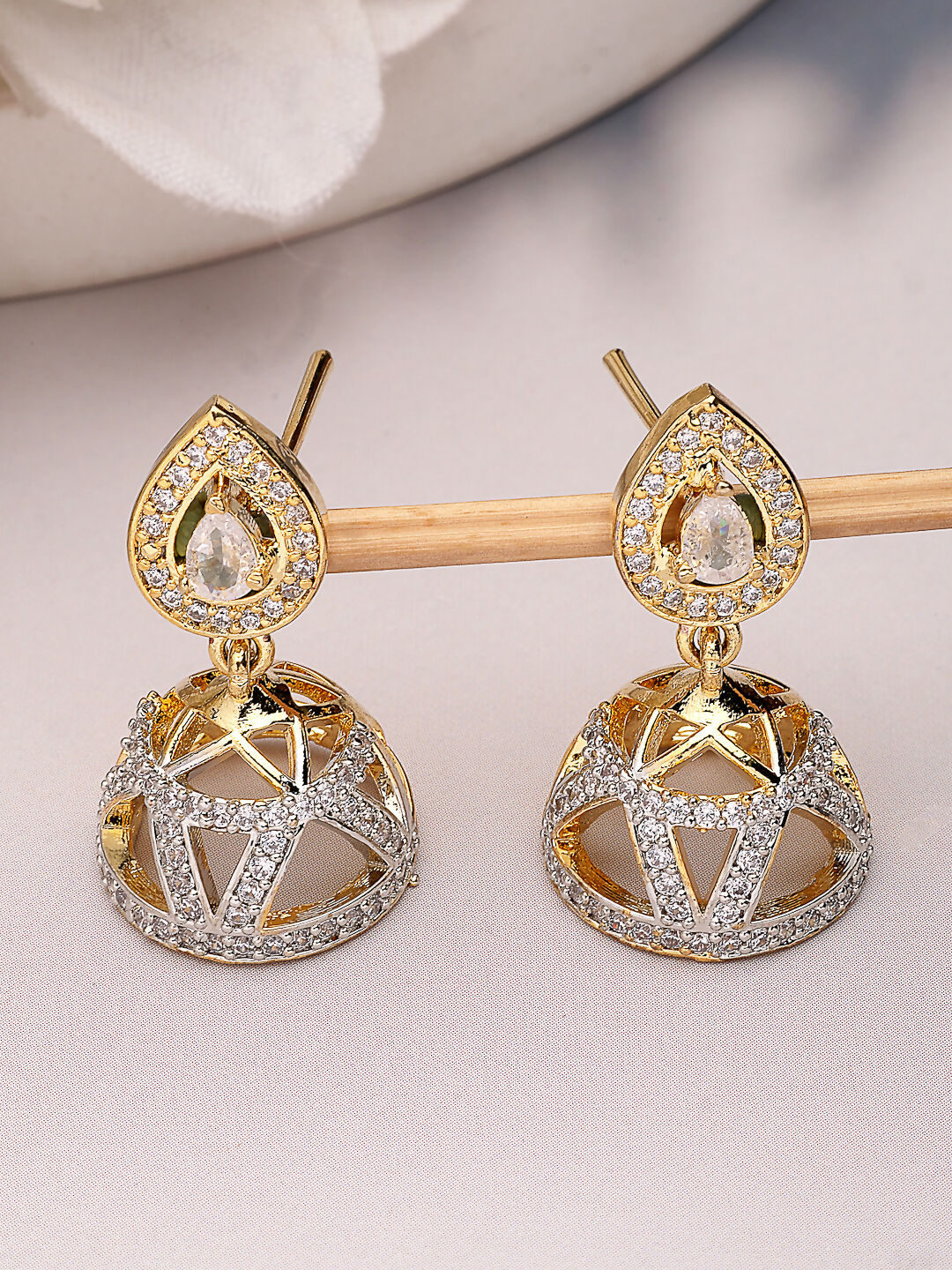 NVR Wome's Gold-Polished AD- Studded Jhumki Earrings | Swadesiicart