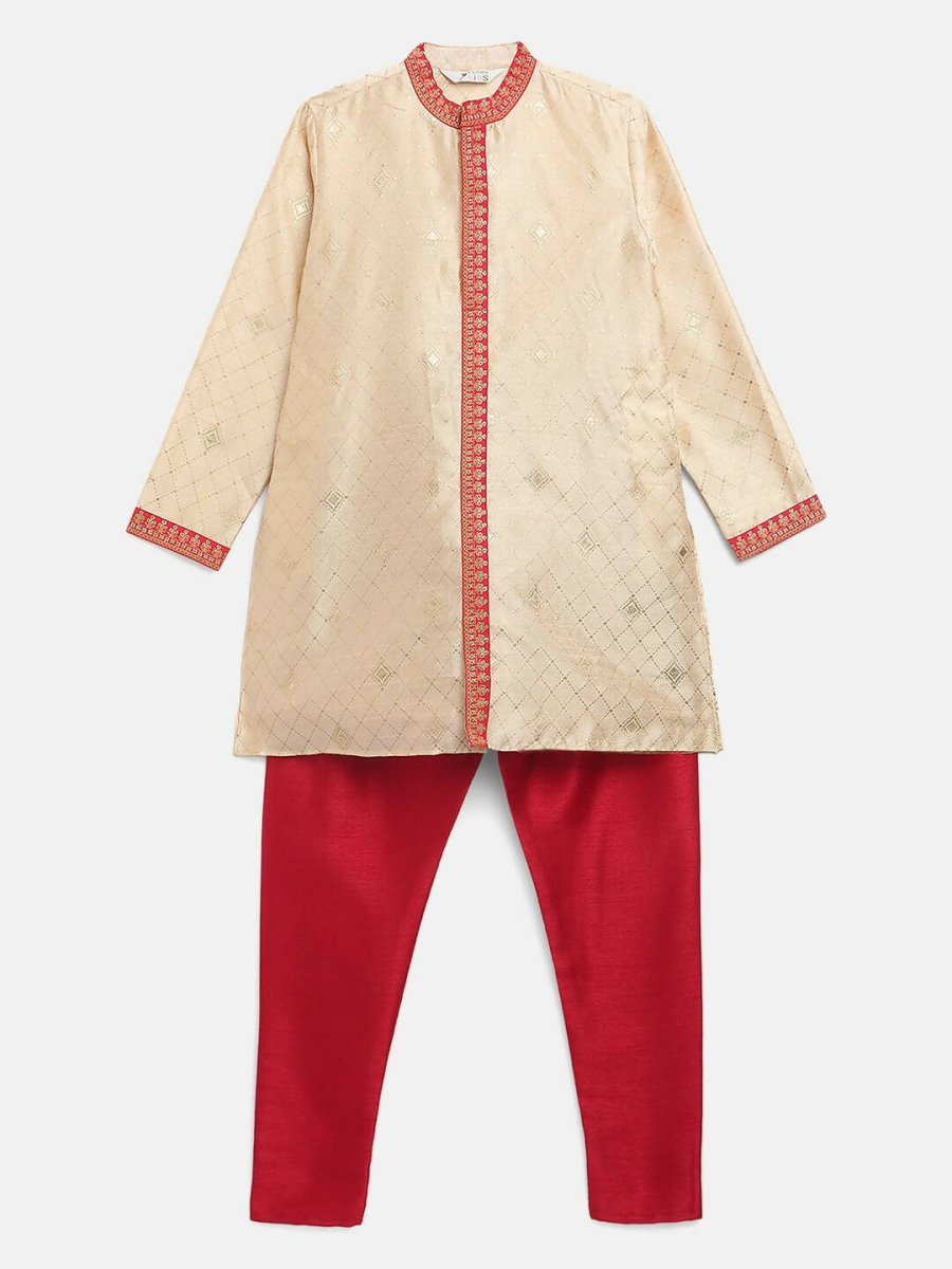 Ahalyaa Beige Poly Silk Gold Print Kids Kurta Churidar Set For Boys | Swadesiicart
