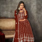 Jyoti Fashion Women's Maroon Net Embroidered Anarkali Kurta Pant Set With Dupatta | Swadesiicart