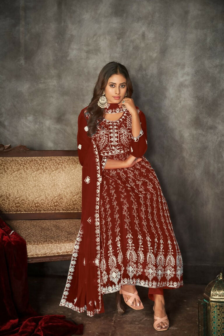Jyoti Fashion Women's Maroon Net Embroidered Anarkali Kurta Pant Set With Dupatta | Swadesiicart