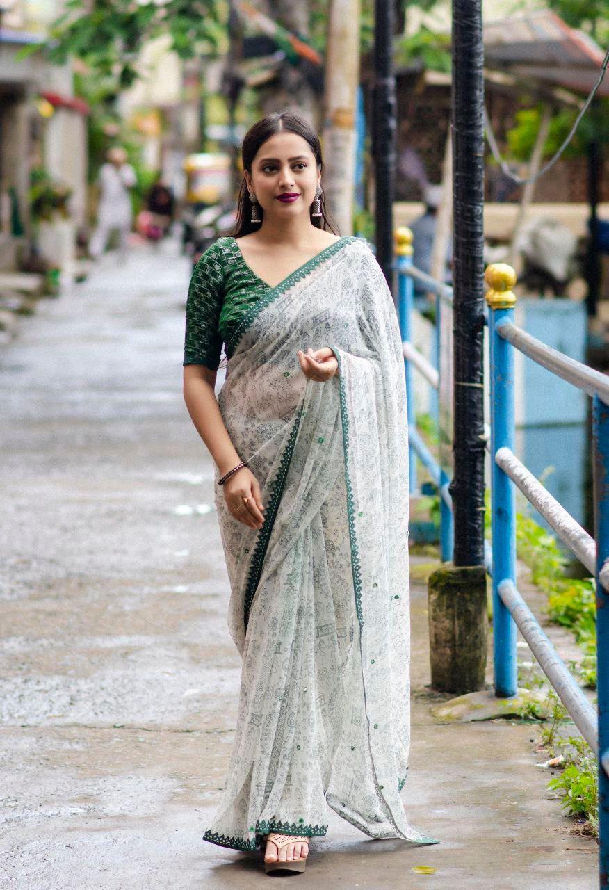 Green Pure Georgette Warli Saree with Unstitched Blouse - Hiral Fashion | Swadesiicart