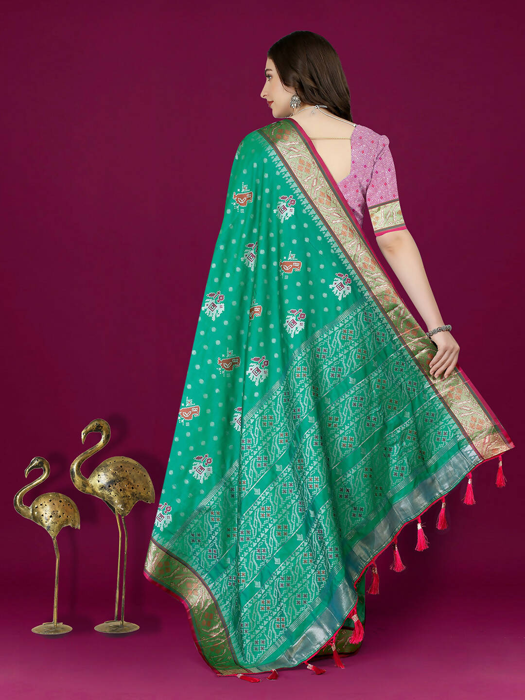 Lorenvalley Fashion Teal Patola Silk Woven Design Zari Meenakari Weaving Saree - Swadesiicart