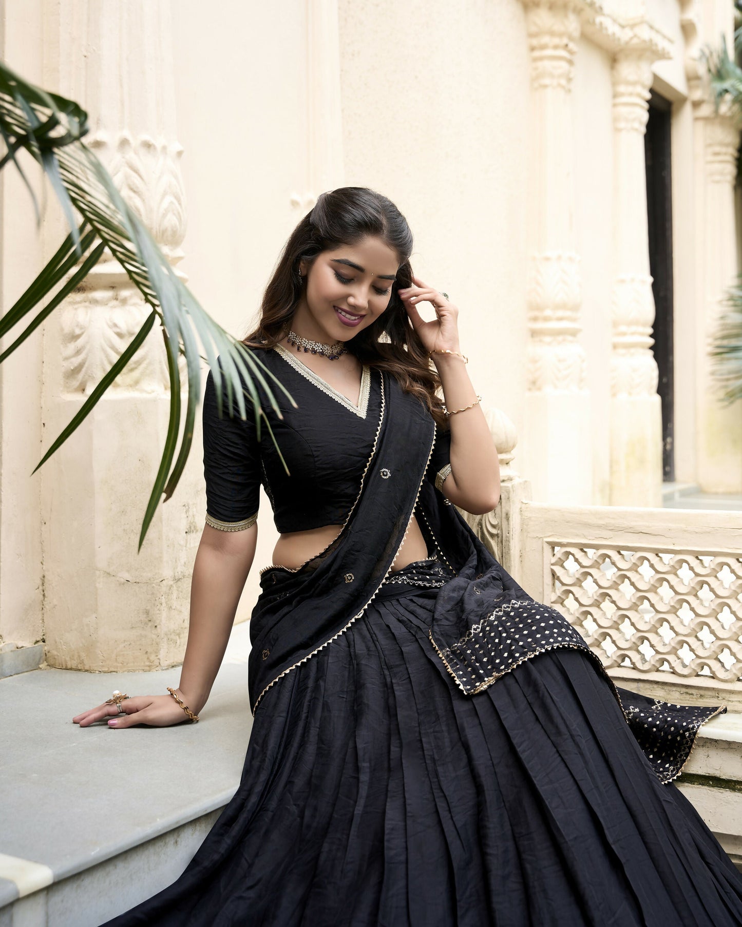 Lorenvalley Black Pure Chanderi Plain With Zari Weaving Work Border Lehenga Choli | Swadesiicart