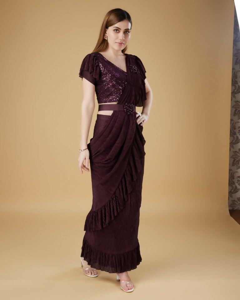 Wine Imported Crush Solid Ready to Wear Saree with stitched Blouse - Aayan | Swadesiicart