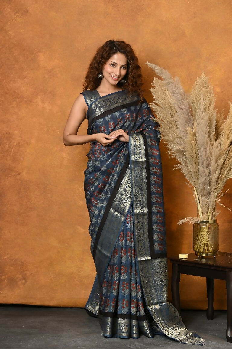 Very Much Indian Modal Silk Ajrakh Handblock Printed Natural Dyes With Designer Border Saree - Black | Swadesiicart