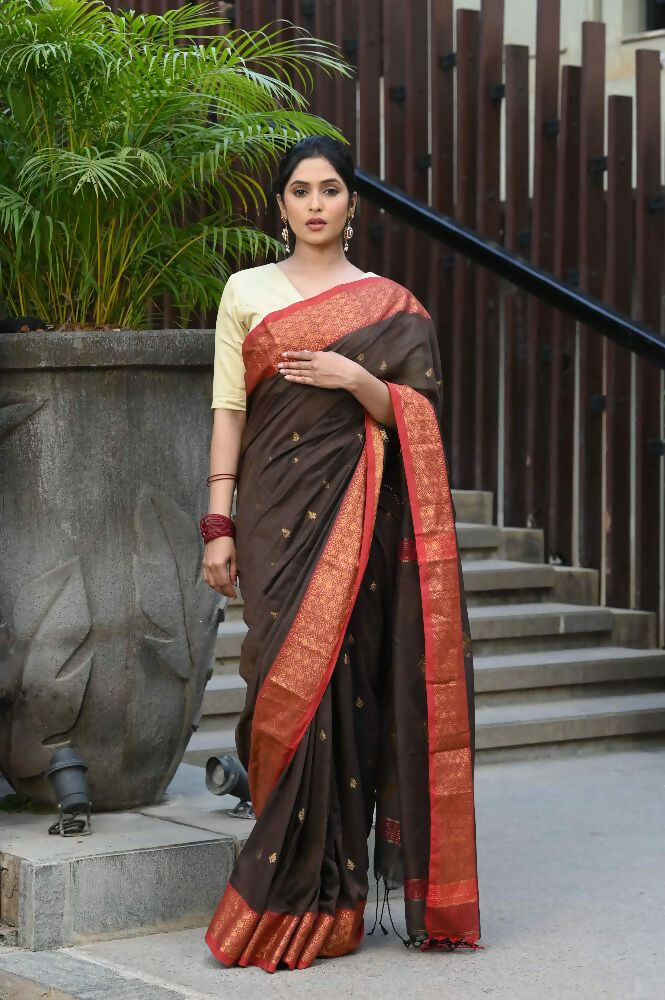 Beatitude Brown Cotton Banarasi Saree | Swadesiicart