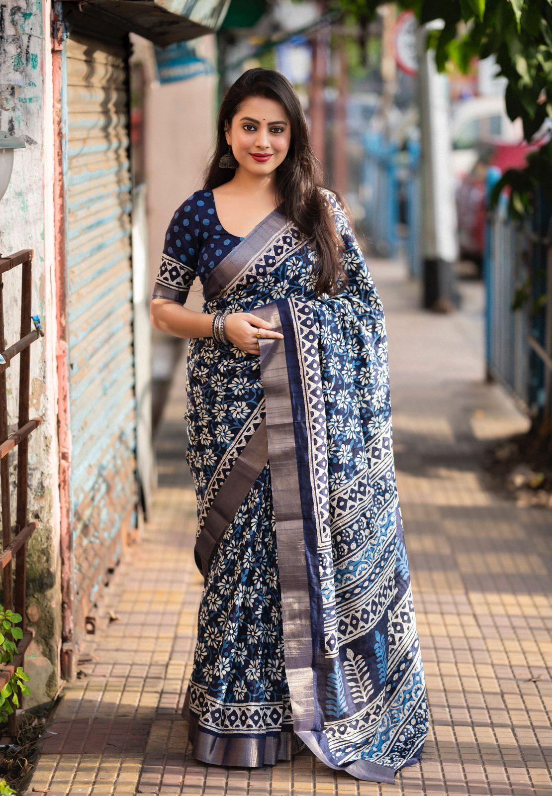 Blue Poly Silk Ethnic Motifs Saree with Unstitched Blouse - Hiral Fashion | Swadesiicart