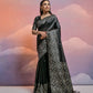Vishnu Weaves Women's Black Handloom Raw Silk Woven Border Saree with Blouse - Swadesiicart