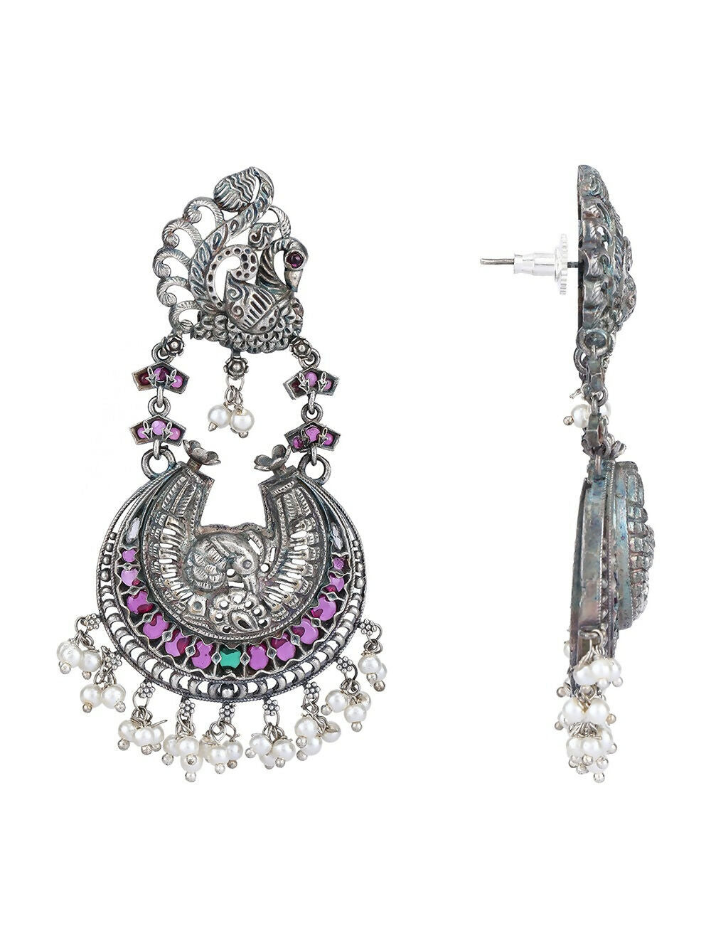 Joban Fashion Women Red Stones Silver Tone Brass Earrings | Swadesiicart