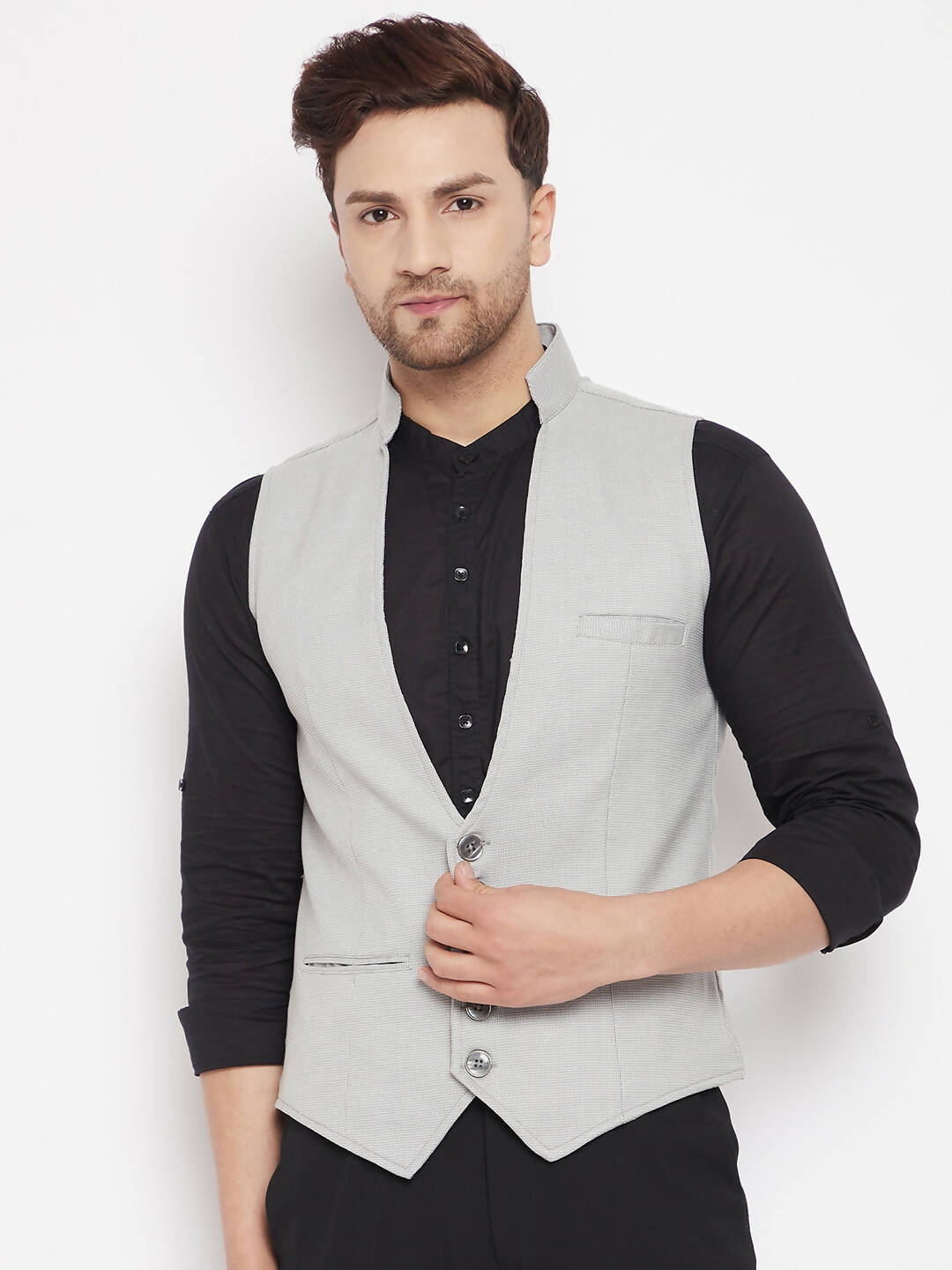 Even Apparels Grey Merino Men Woven Nehru Jacket | Swadesiicart