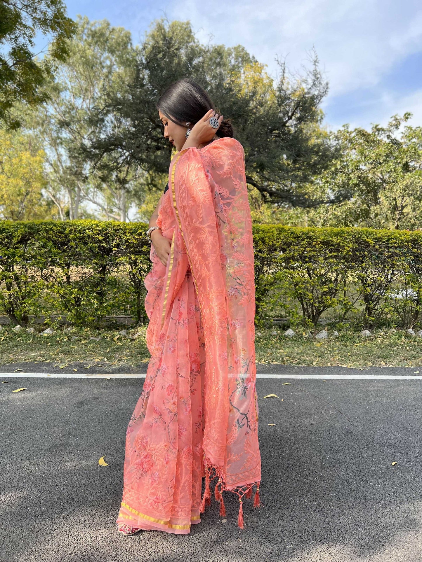 Vamsee Golden Patti Peach Organza Saree - Swadesiicart