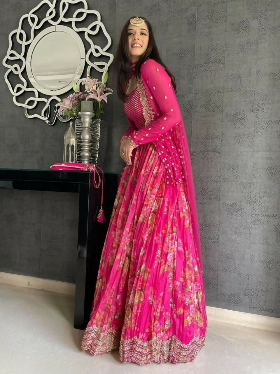 Jyoti Fashion Pink Jari with Sequin Embroidered Georgette Semi Lehenga Choli with Dupatta | Swadesiicart