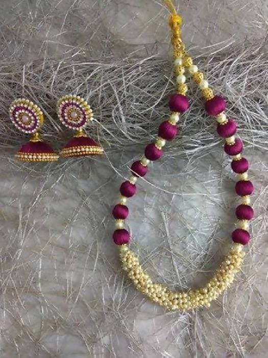 Dark Pink with White Beads Silk Threaded Necklace Set and Earrings
