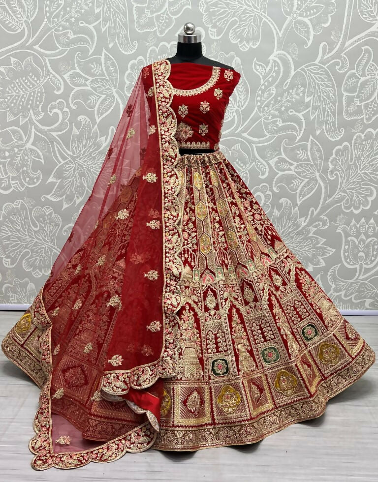 Jyoti Fashion Women's Red Velvet Dori, Multi Thread Embroidered with Diamond Work Wedding Lehenga Choli | Swadesiicart