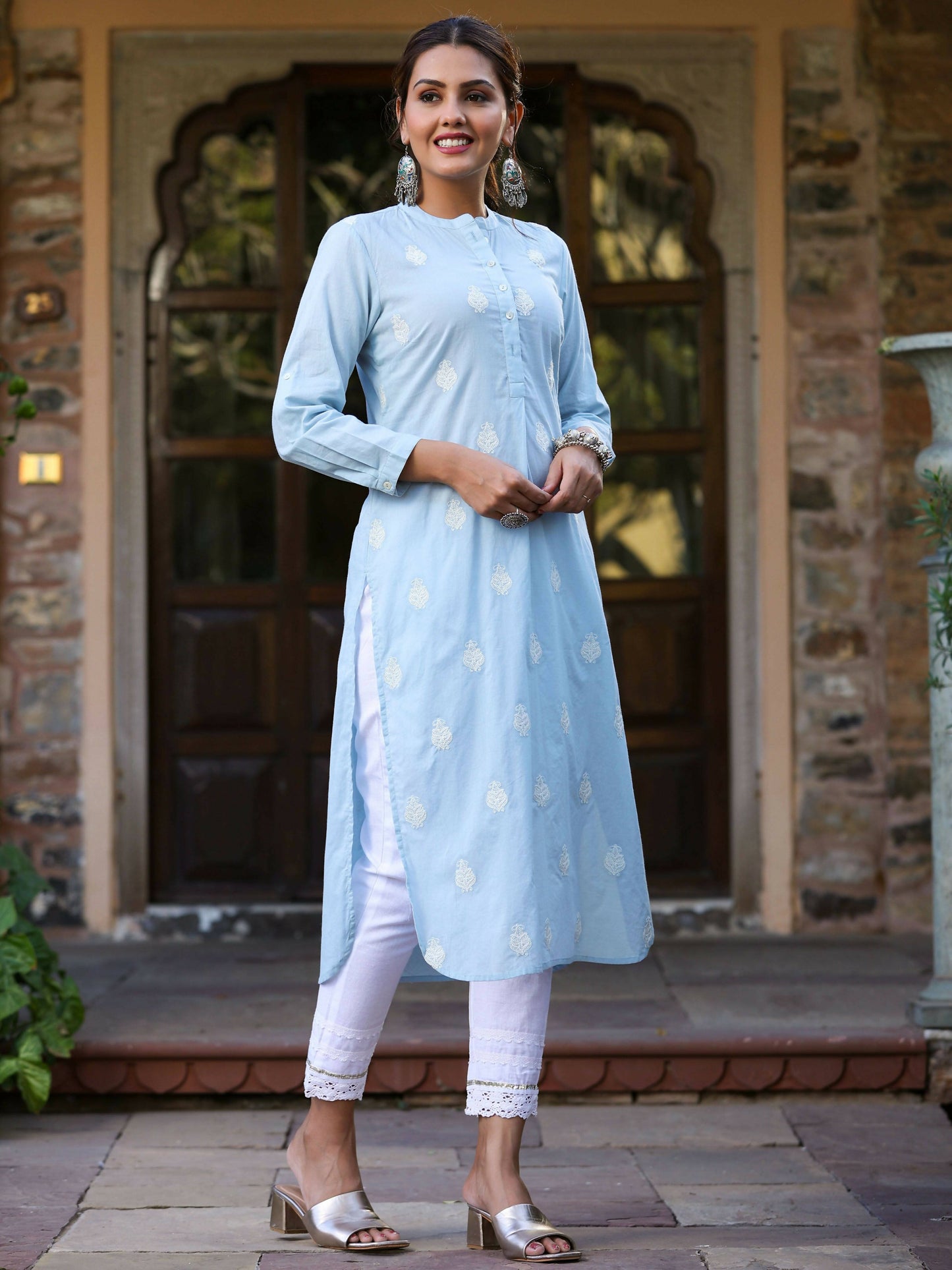 Juniper Women's Blue Cambric Embroidered Straight Kurta | Swadesiicart
