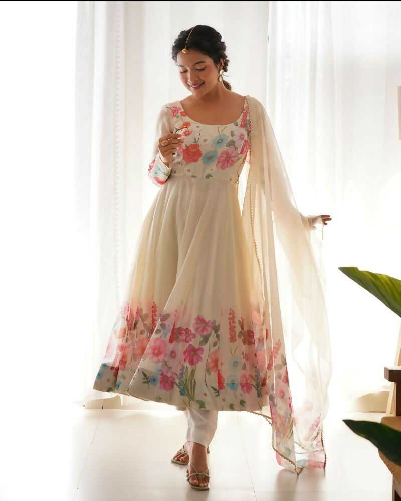 Joban Fashion Cream Kurta Set Organza Sequin Embroidery Work - Swadesiicart
