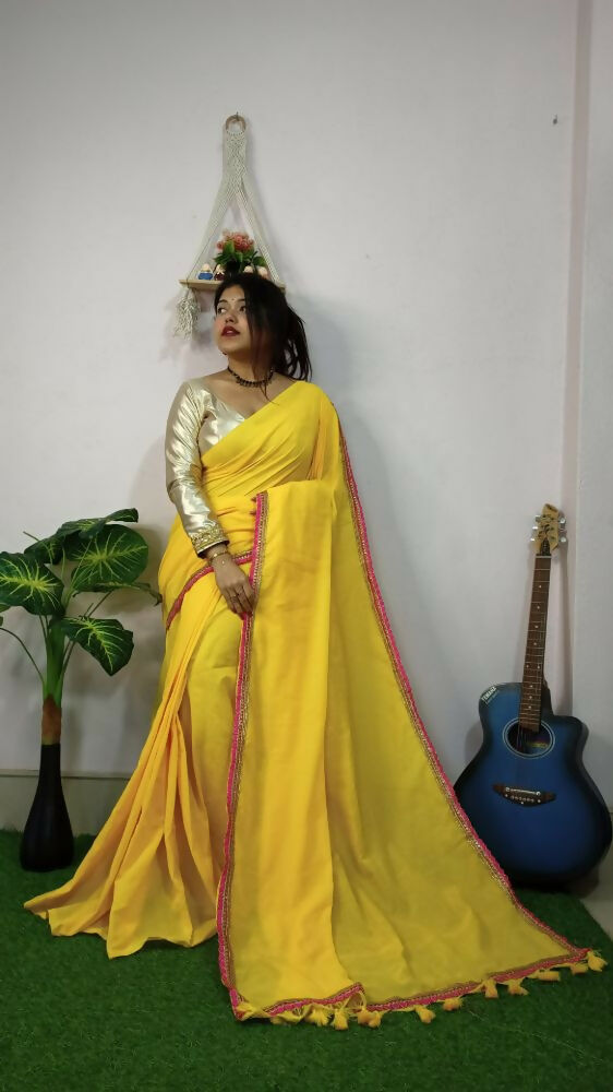 Exclusive Collection Beautiful Khadi Cotton Handloom Saree With Beautiful Zari Border - Yellow - Swadesiicart