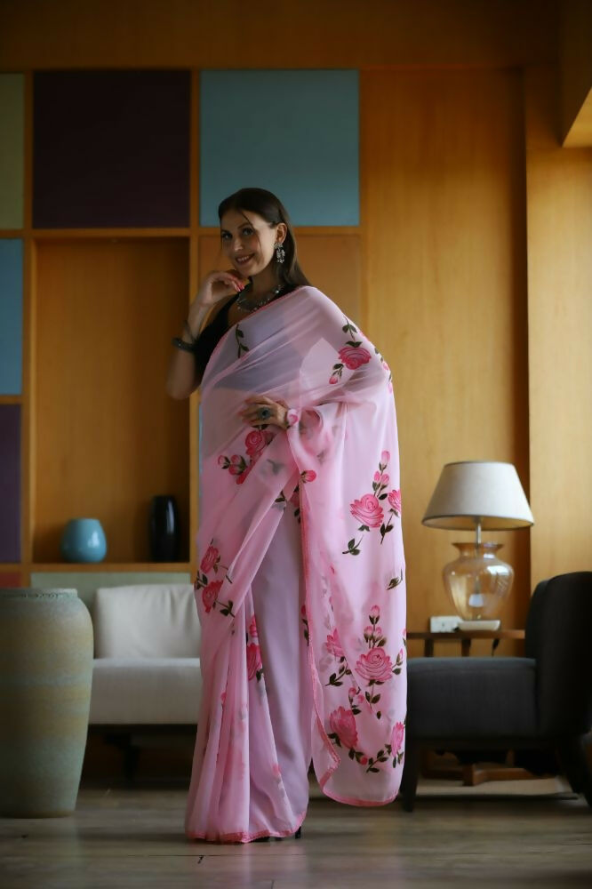 Vamsee Laxmi Pink Georgette Saree - Swadesiicart