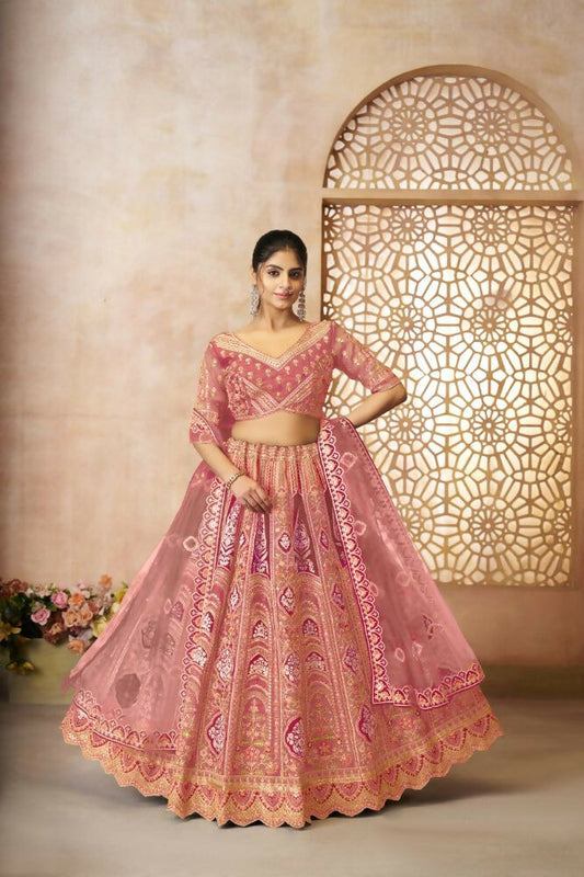 Kesar Fab Pink Banarasi Silk Embroidered Lehenga | Swadesiicart