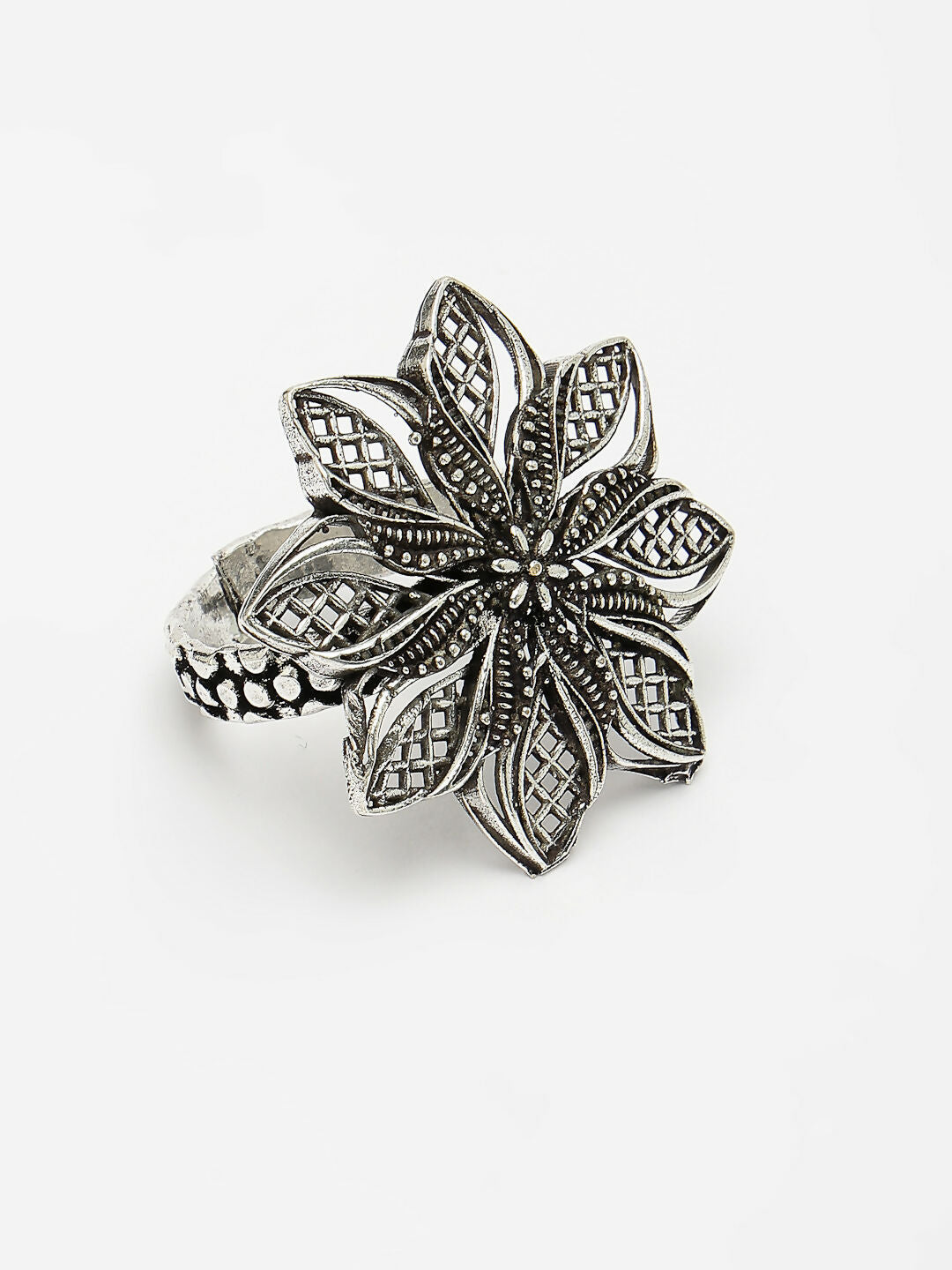 NVR Women's Silver-Toned Floral Shape Adjustable Finger Ring | Swadesiicart