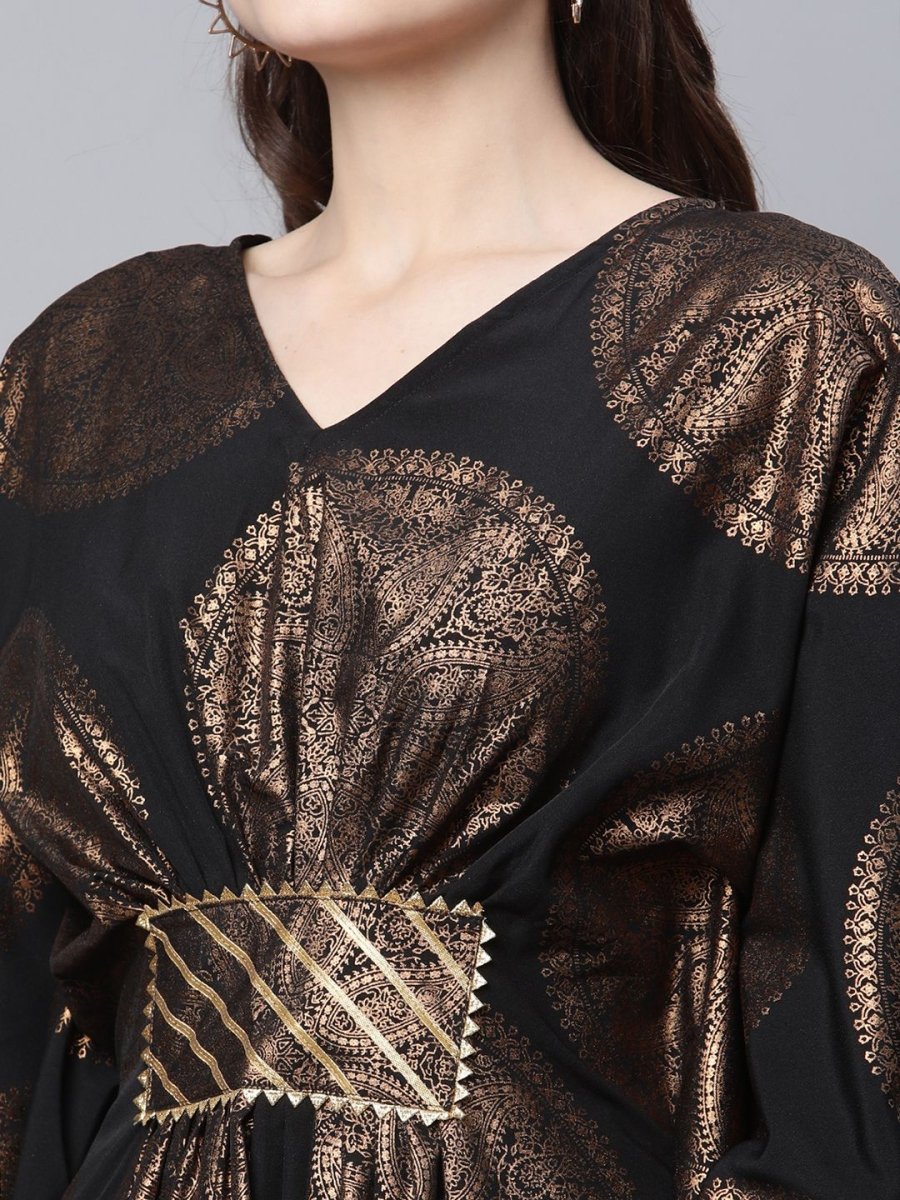 Ahalyaa Women Black Crepe Copper Foil Printed Flared Sleeve Kaftan Kurta | Swadesiicart