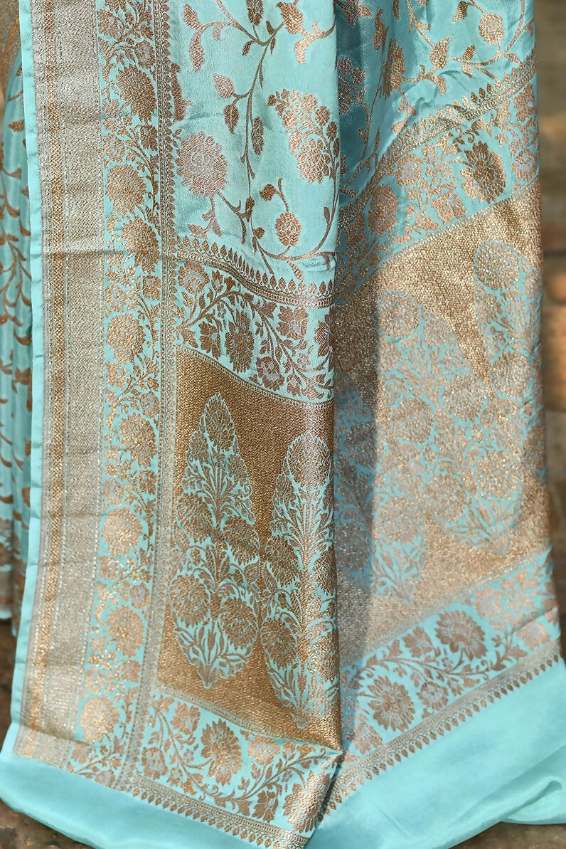 Joban Fashion Aqua Crepe Chiffon Pure Handloom Banarasi Silk Saree | Swadesiicart