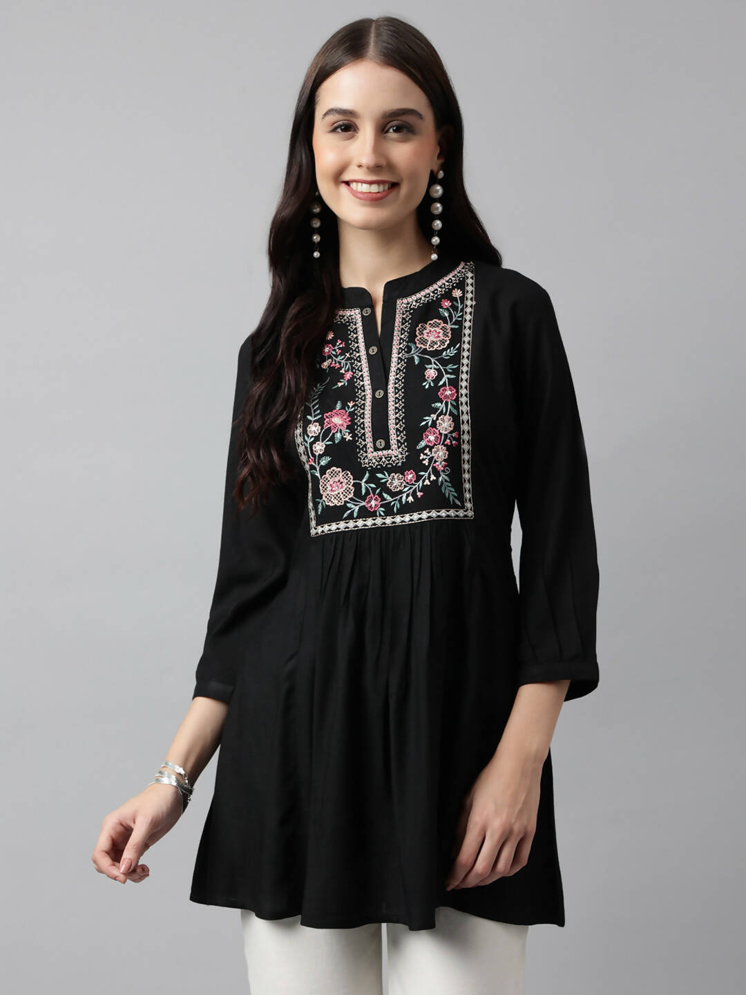 Black Rayon Yoke Embroidered A-line Top - Tarini - Swadesiicart