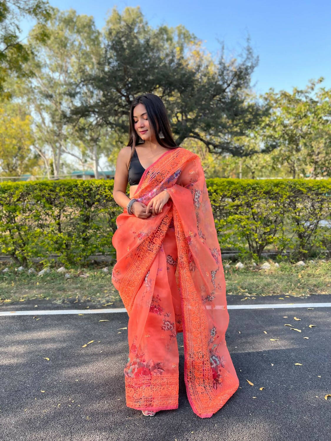 Vamsee Orange Organza Saree - Swadesiicart