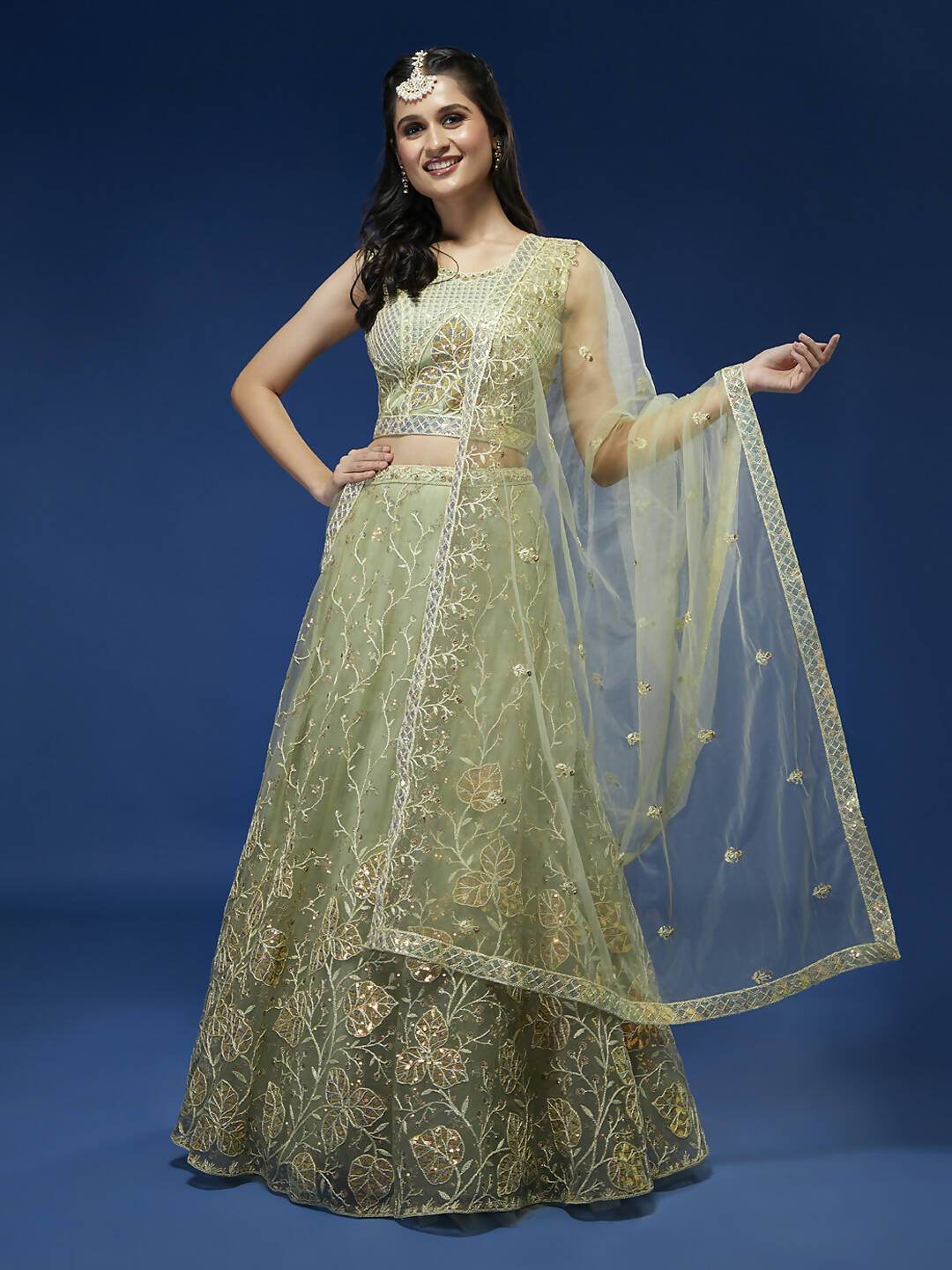 House of Panchhi Pista Net Sequinse Work Lehenga & Blouse, Dupatta | Swadesiicart