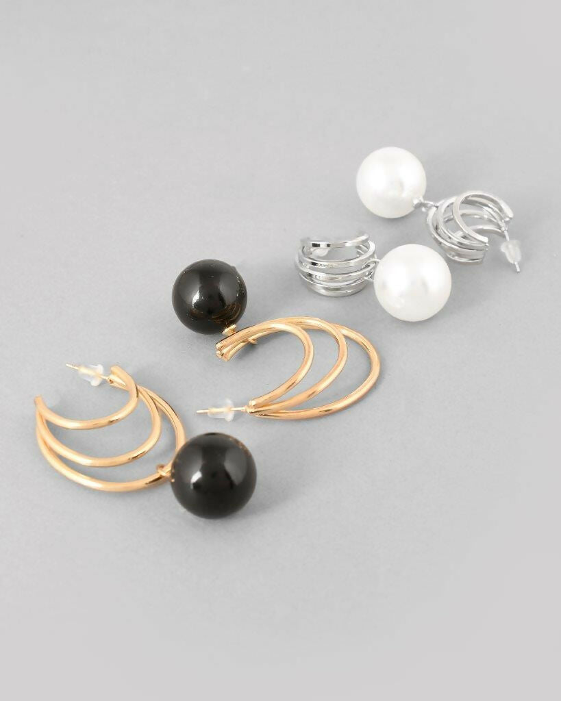 VOJ Set Of 2 Korean Drop Earrings - Gold-Polished With Black Pearl and Silver Plated With White Pearl Earrings - Swadesiicart