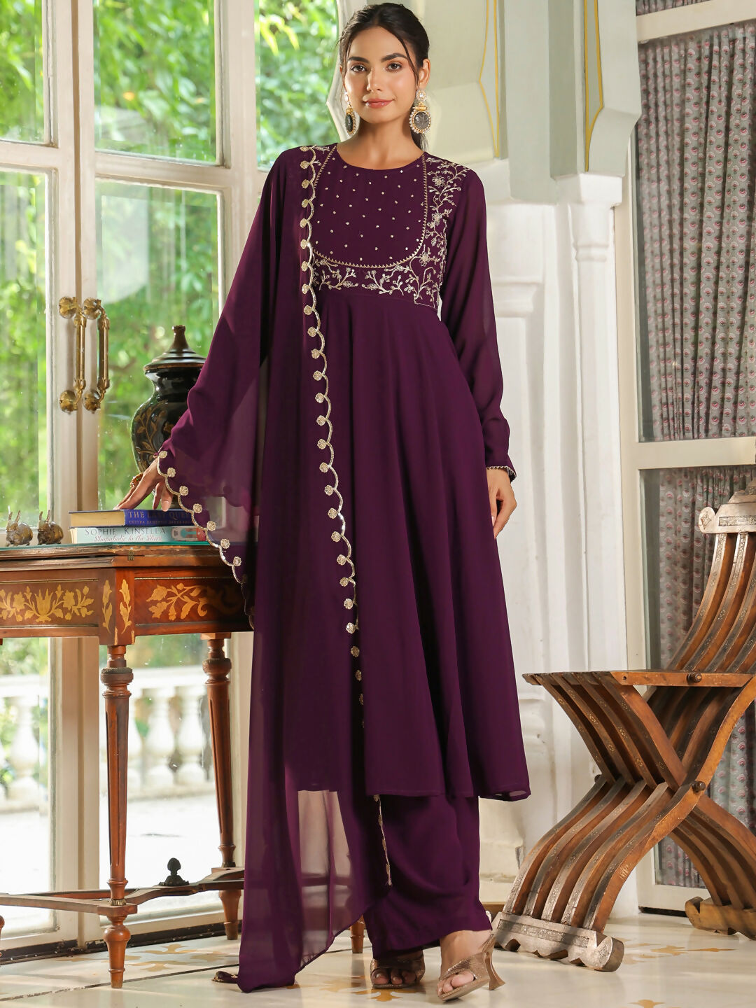 Janasya Purple Georgette Embroidered Kurta,Bottom & Dupatta | Swadesiicart