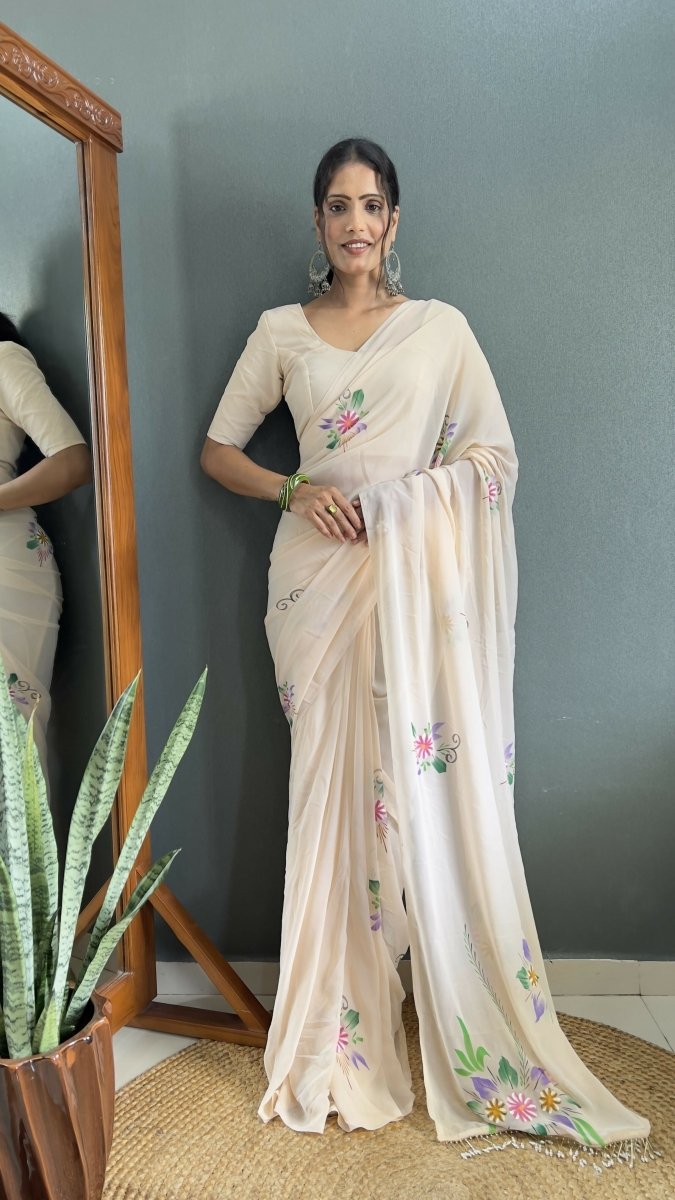 Aayaa Designer 1 min Hand Painted Ready to Wear saree - Off White | Swadesiicart