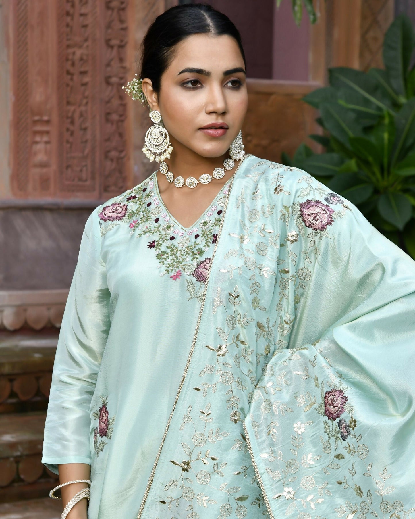 Vaasva Women's Tissue Silk Emboidered Suit Set With Solid Pant & Solid Embroidered Dupatta | Swadesiicart