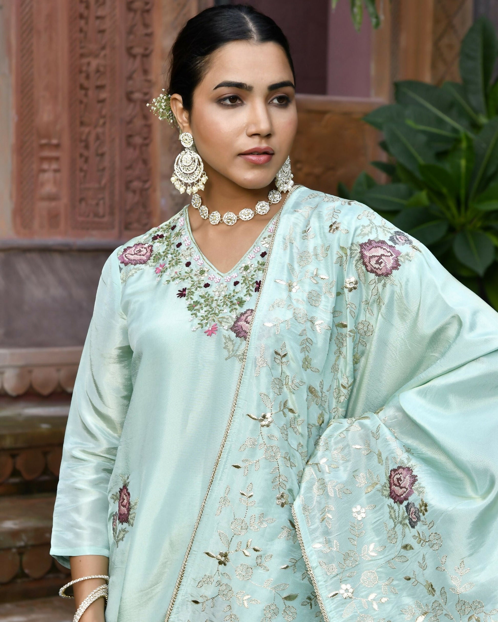 Vaasva Women's Tissue Silk Emboidered Suit Set With Solid Pant & Solid Embroidered Dupatta | Swadesiicart