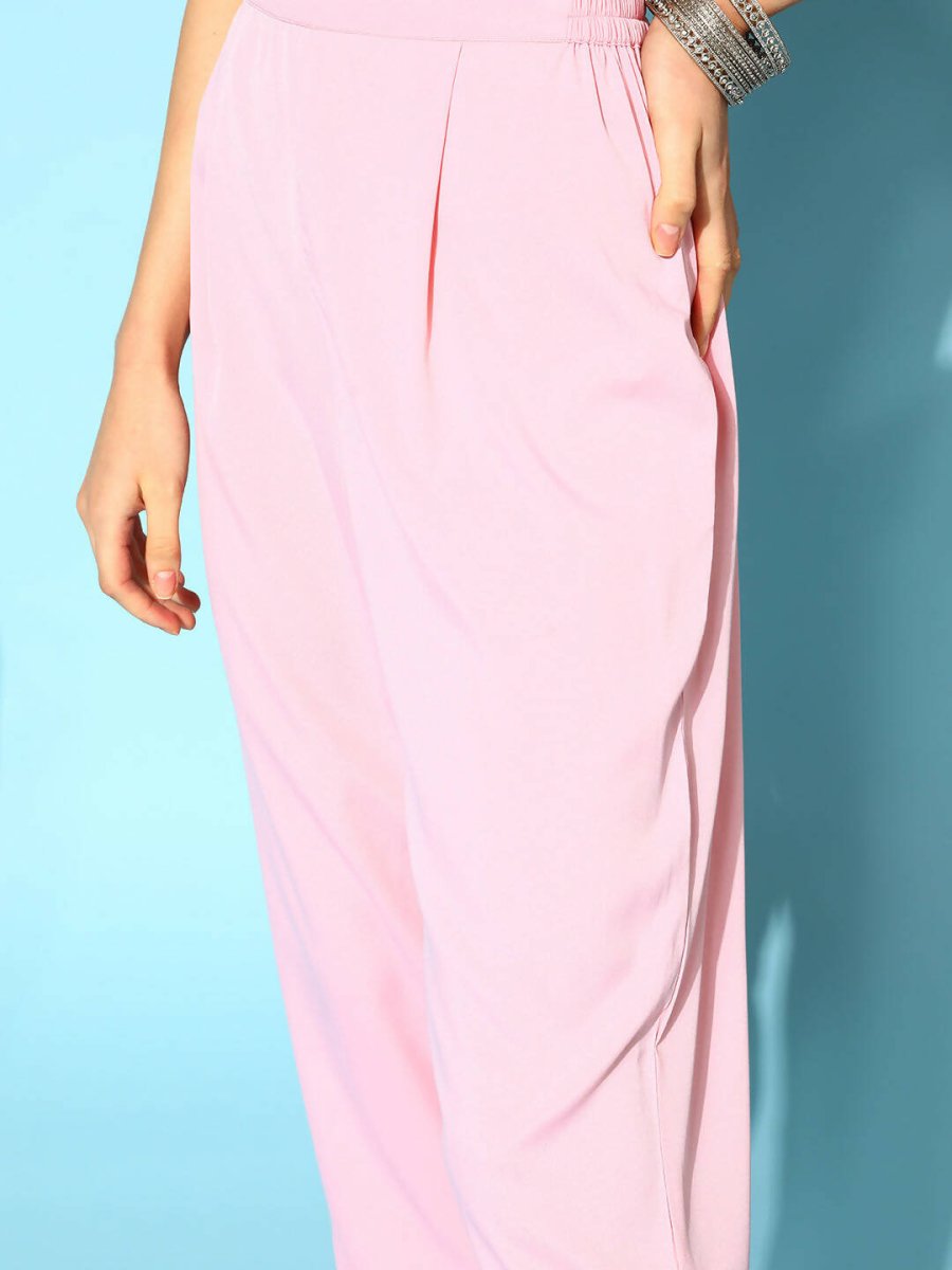Ahalyaa Women Pastel Pink Colour Organza Glitter Printed Kurta Pant Set With Dupatta | Swadesiicart