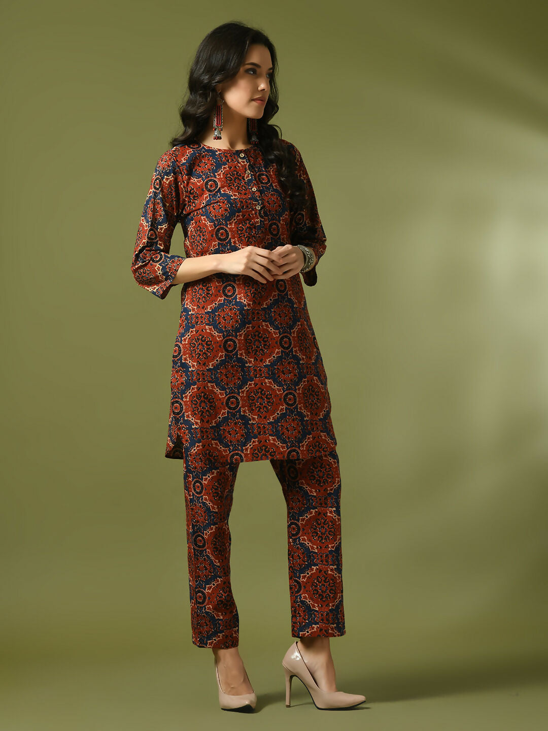 Myshka Women's Multi Printed Cotton Round Neck Party Tunic With Trousers Co-ord set - Swadesiicart