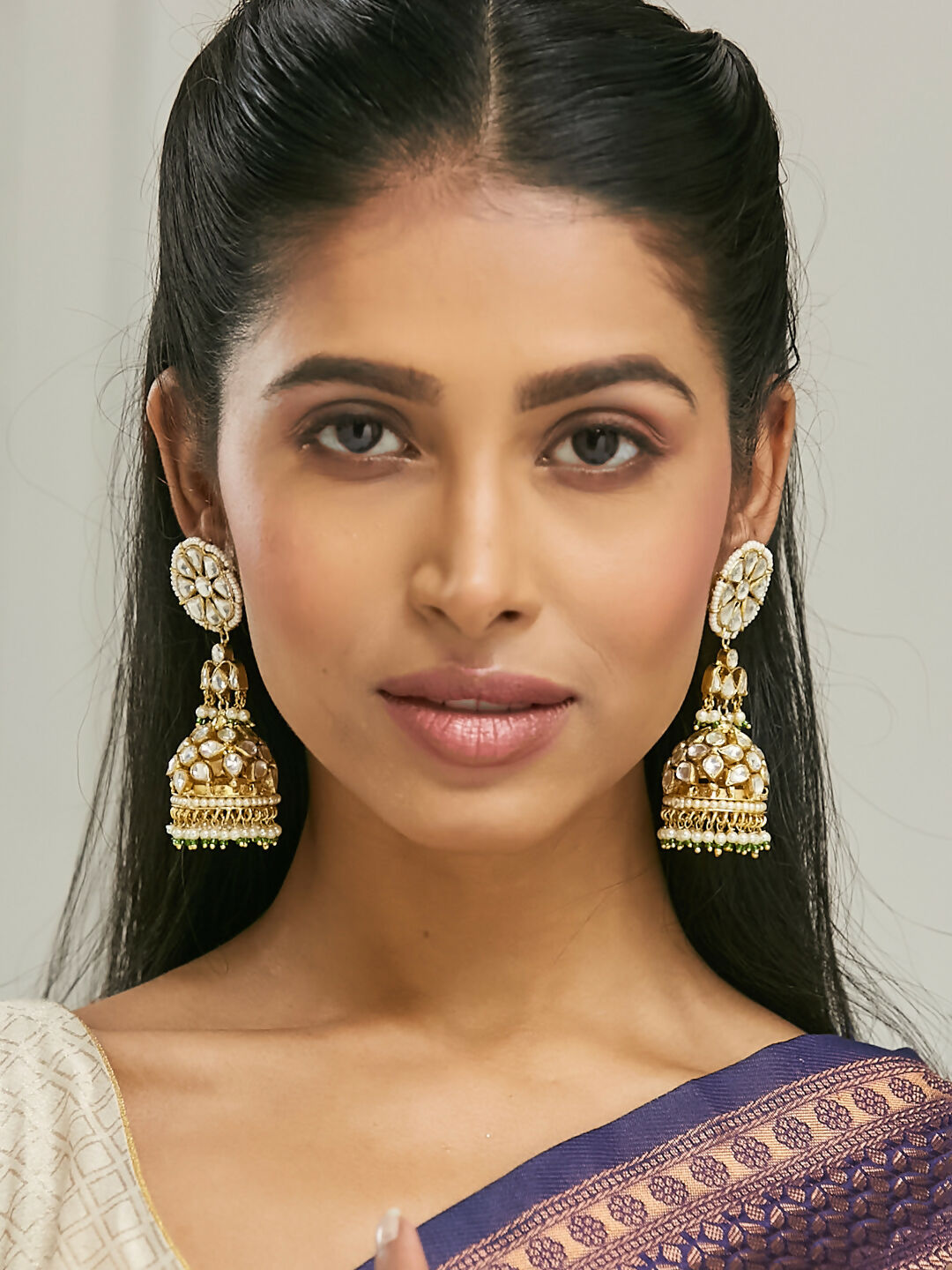 Nuyug 22K Gold-Plated Kundan Stone Studded & Pearl Beaded Dome Shaped Jhumkas | Swadesiicart