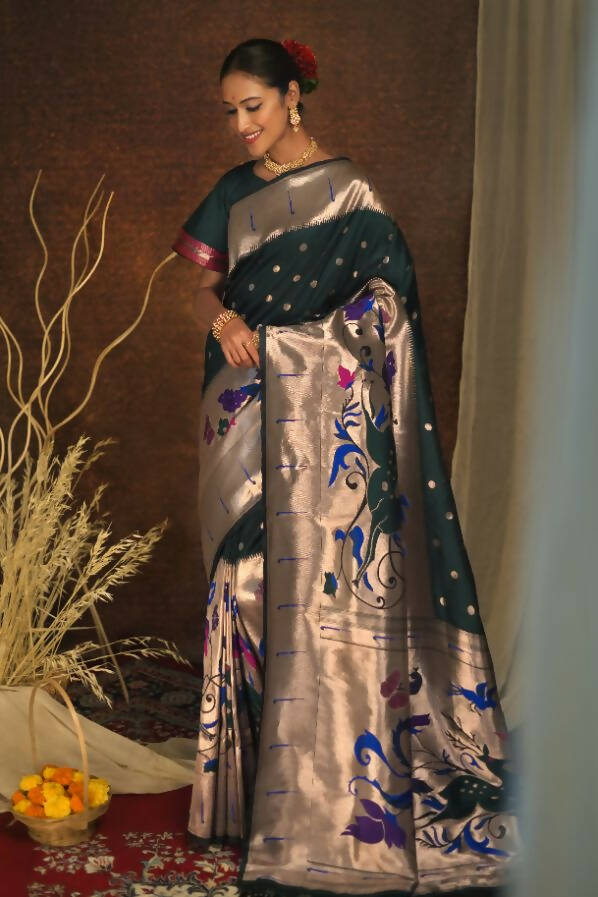 Vishnu Weaves Women's Bottle Green Paithani Silk Zari Woven Saree with Unstitched Blouse - Swadesiicart