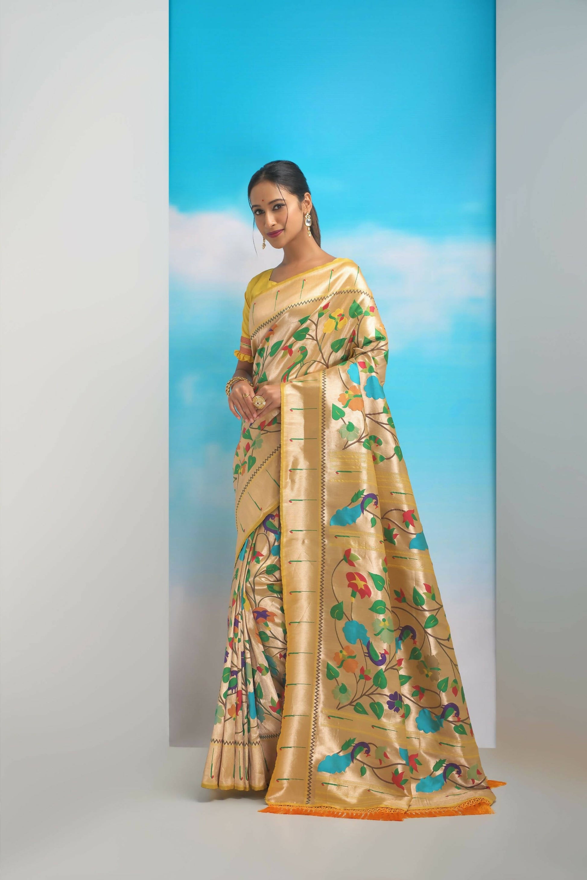 Vishnu Weaves Women's Yellow Paithani Silk Minakari Zari Woven Saree with Unstitched Blouse - Swadesiicart
