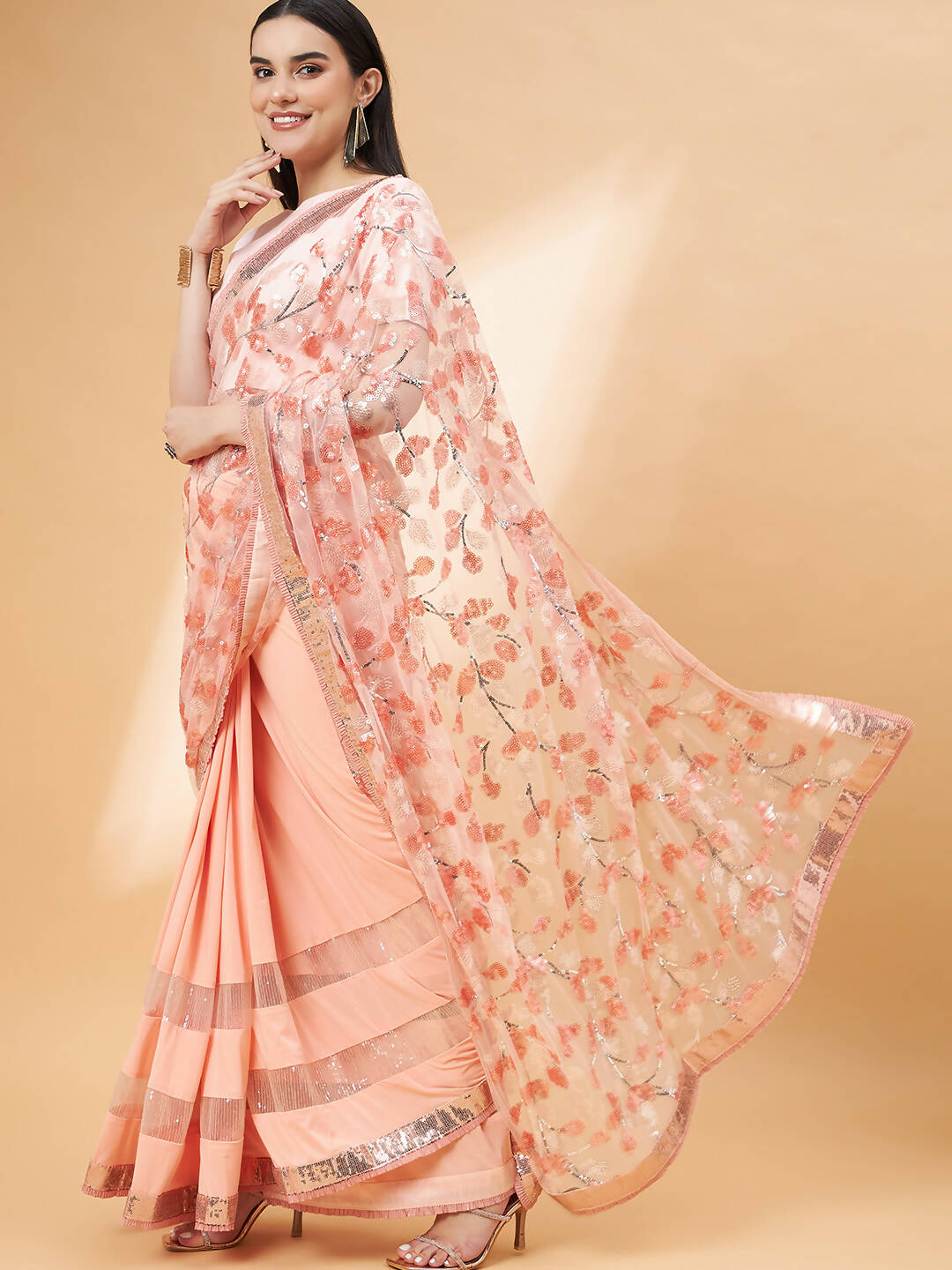 Peach Lycra Sequin Embroidery And Frills Saree - Norita Hit Design - Swadesiicart