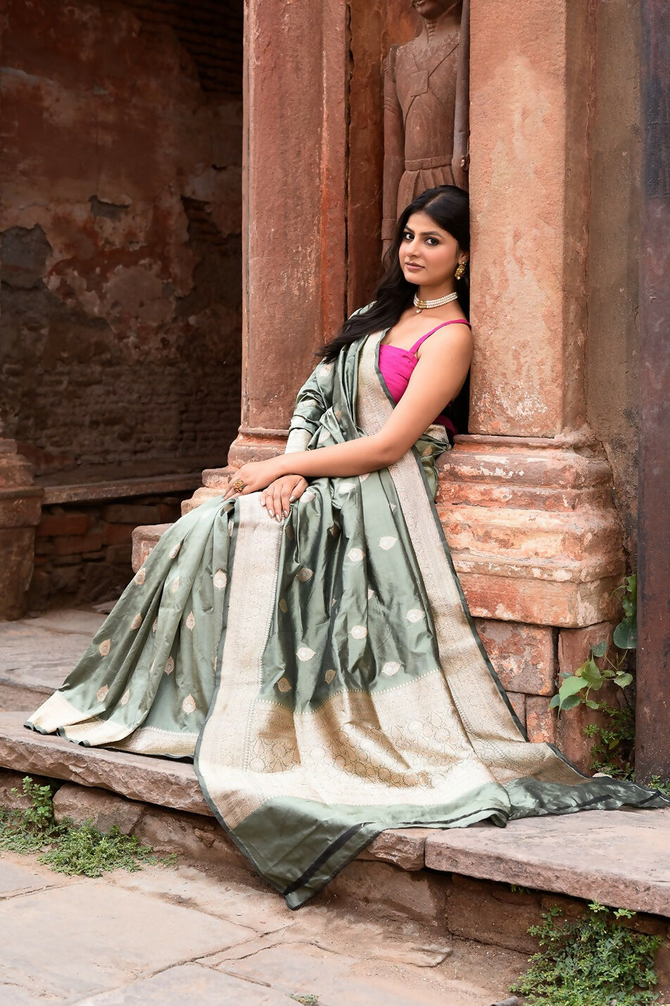 Joban Fashion Dusty Olive Banarasi Katan Pure Handloom Silk Saree | Swadesiicart