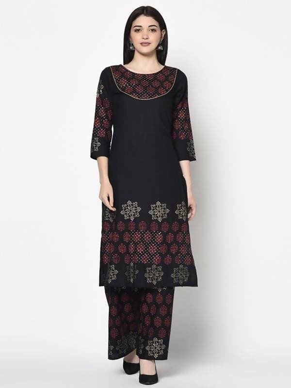 Aniyah Rayon Black Color Block Print Straight Kurta (AN-190K) - Swadesiicart