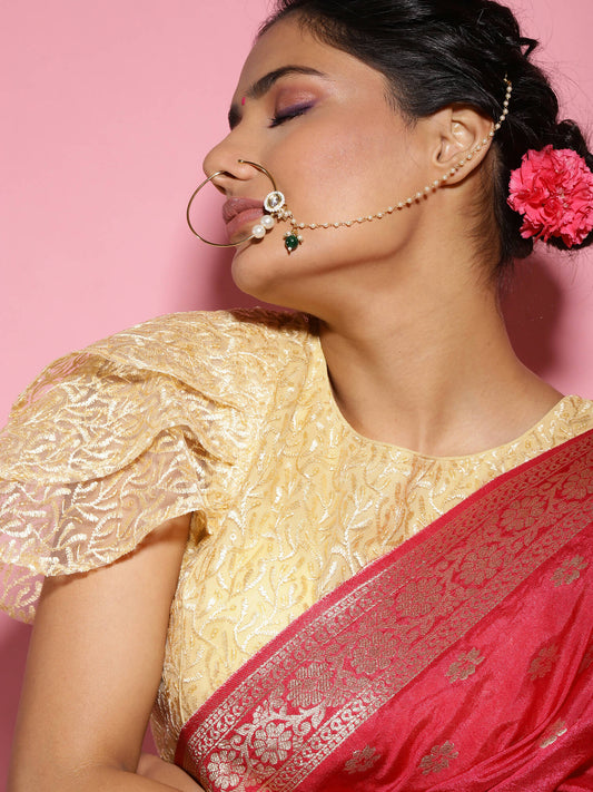 Gold-Polished White Green Kundan-Studded Pearl Beaded Nosepin - Ruby Raang | Swadesiicart