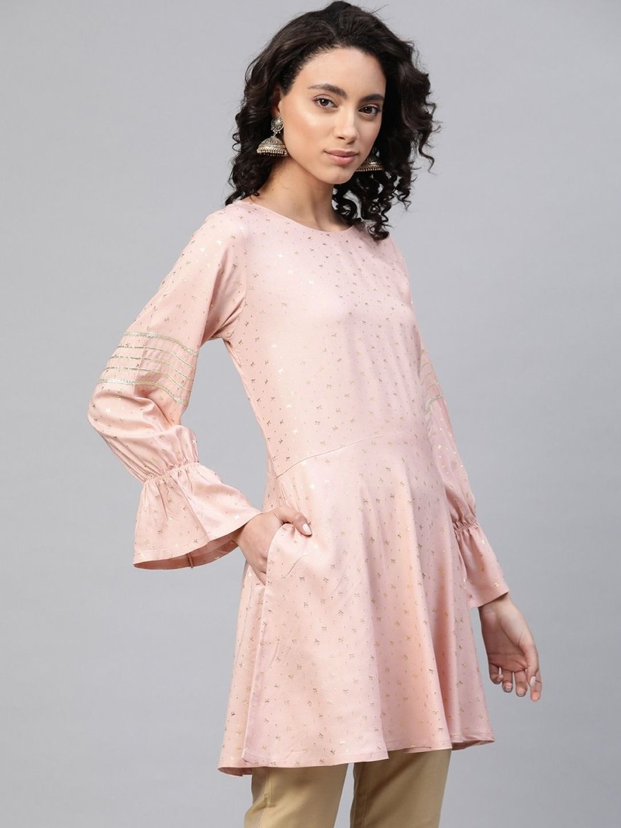 Ahalyaa Women Pink Rayon Golden Ethnic Print Tunic | Swadesiicart