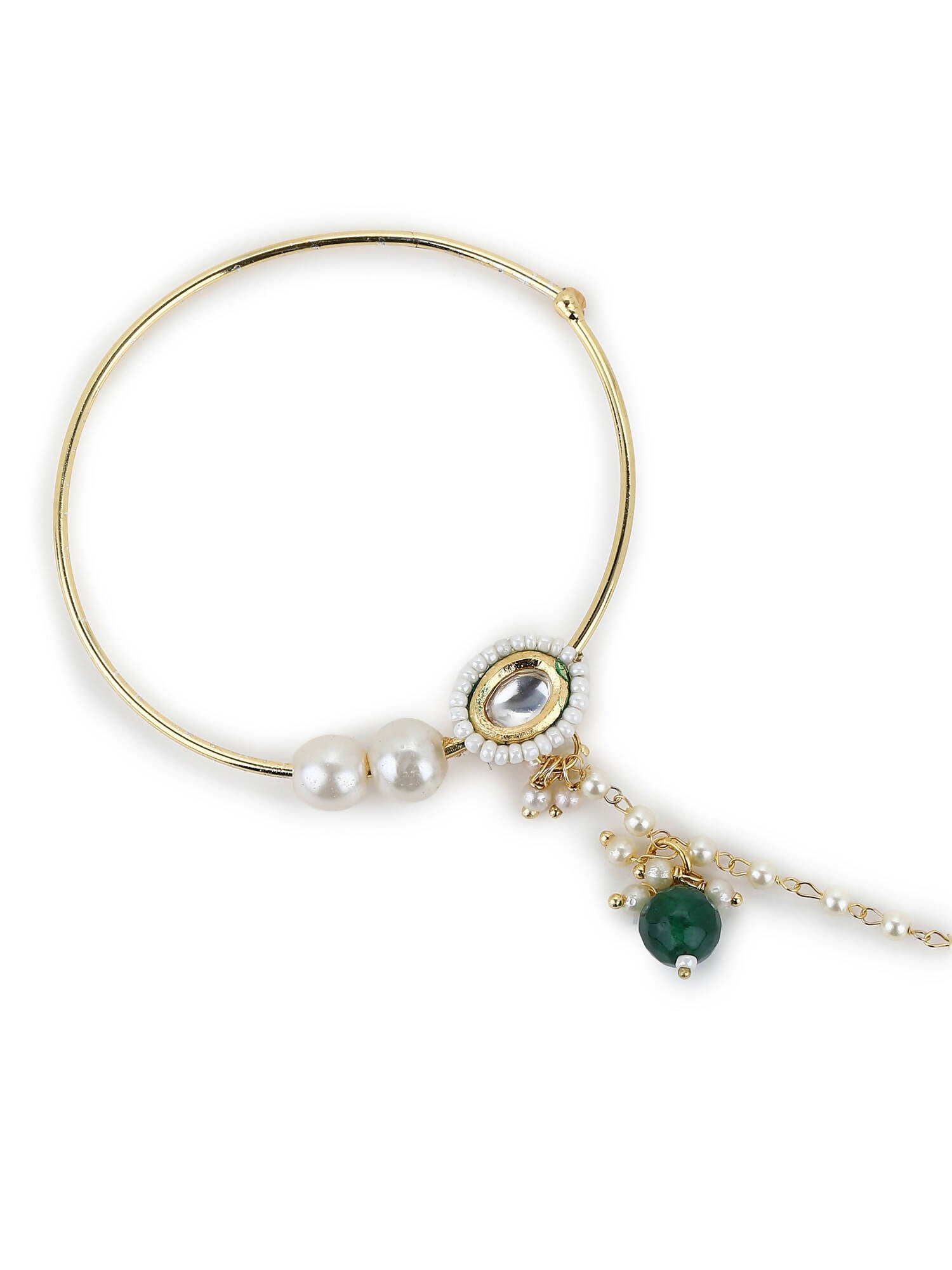 Gold-Polished White Green Kundan-Studded Pearl Beaded Nosepin - Ruby Raang | Swadesiicart