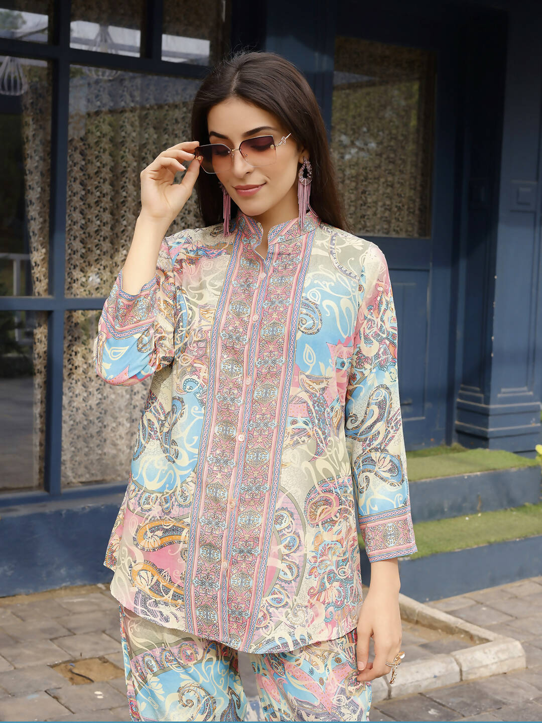 Beige & Pink Rayon Paisley Printed Top with Matching Bottom - Eesha - Swadesiicart