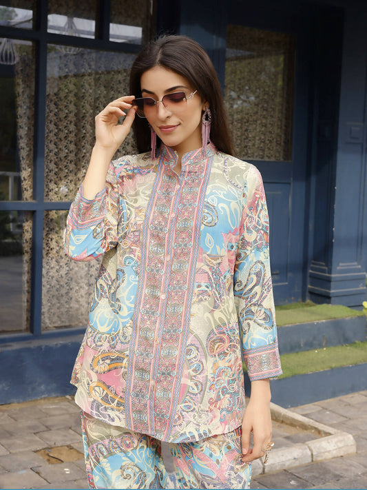 Beige & Pink Rayon Paisley Printed Top with Matching Bottom - Eesha - Swadesiicart