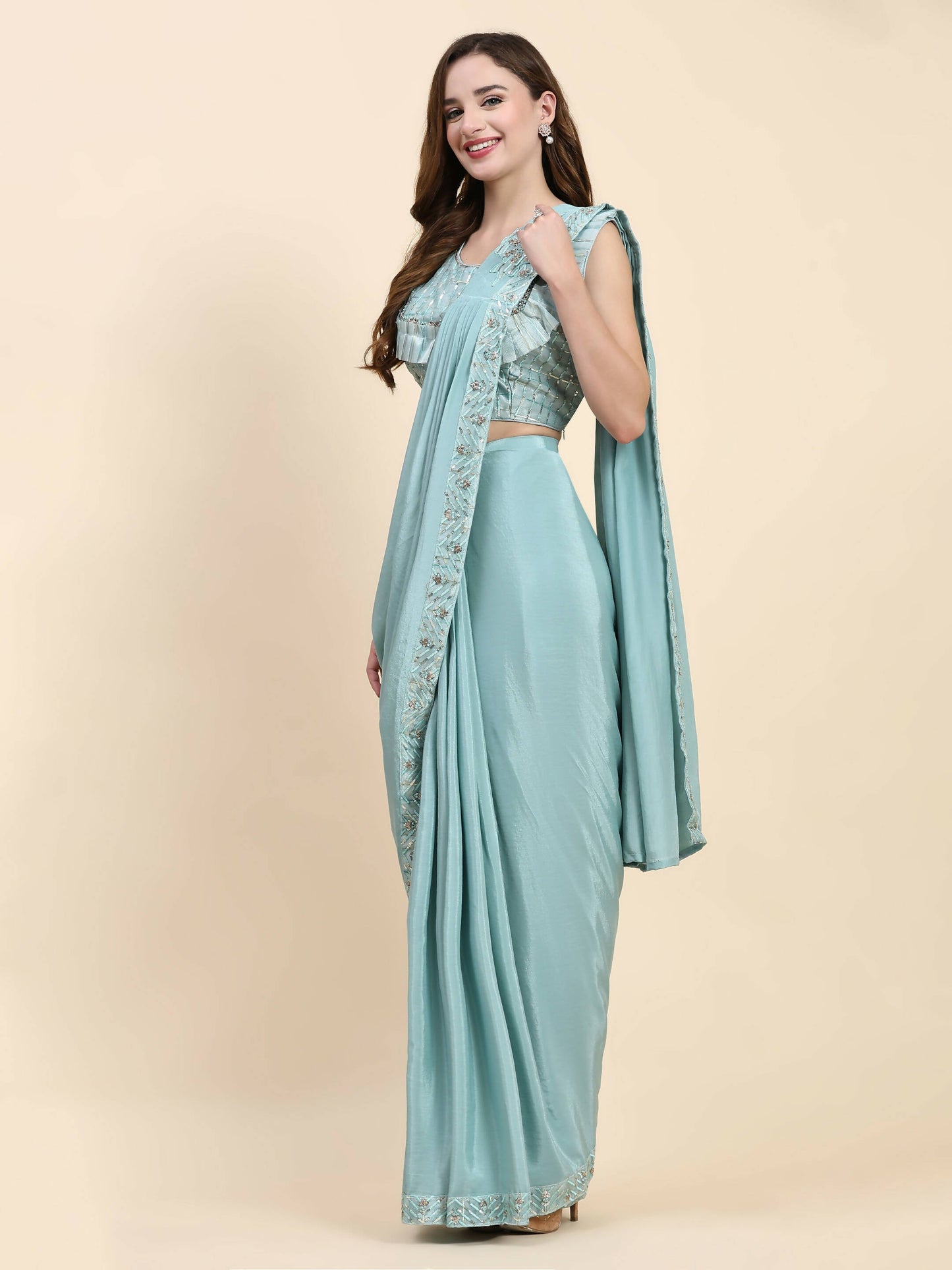 Sky Blue Silk Satin Solid Ready to wear Saree with stitched Blouse - Satiksha | Swadesiicart
